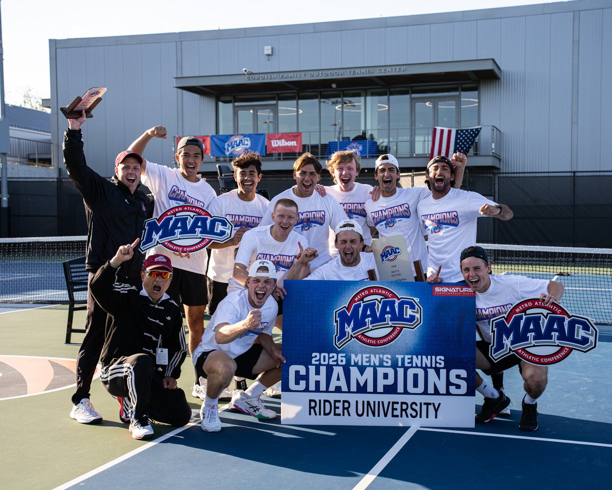 MetroConfSports's tweet photo. Your 2026 MAAC Men's Tennis Champions, @RiderTennis!
#MAACTennis x @signaturerings https://t.co/mCPLZXbEFz