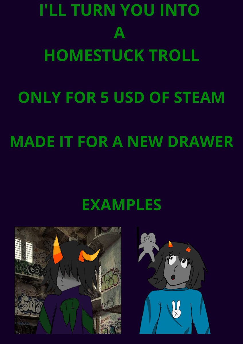 OjerasdeArte's tweet photo. now you can be a homestuck troll only for 5 usd

ahora vos podes ser un troll de homestuck solo por 5 usd https://t.co/nt3Sl6GcFB