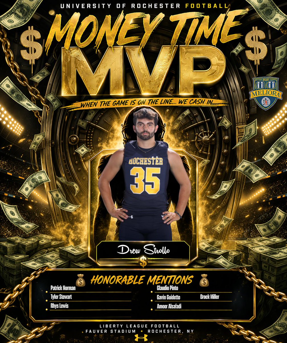 UofRFootball's tweet image. Cash in 💰! Your week 4 "Money Time" MVP's🎖️ 

4/20
Sophomore RB Drew Strollo 

4/22
First-year QB Jett Genovese
Junior DL Claudio Pinto
Sophomore RB Drew Strollo
#CLIMB #springball