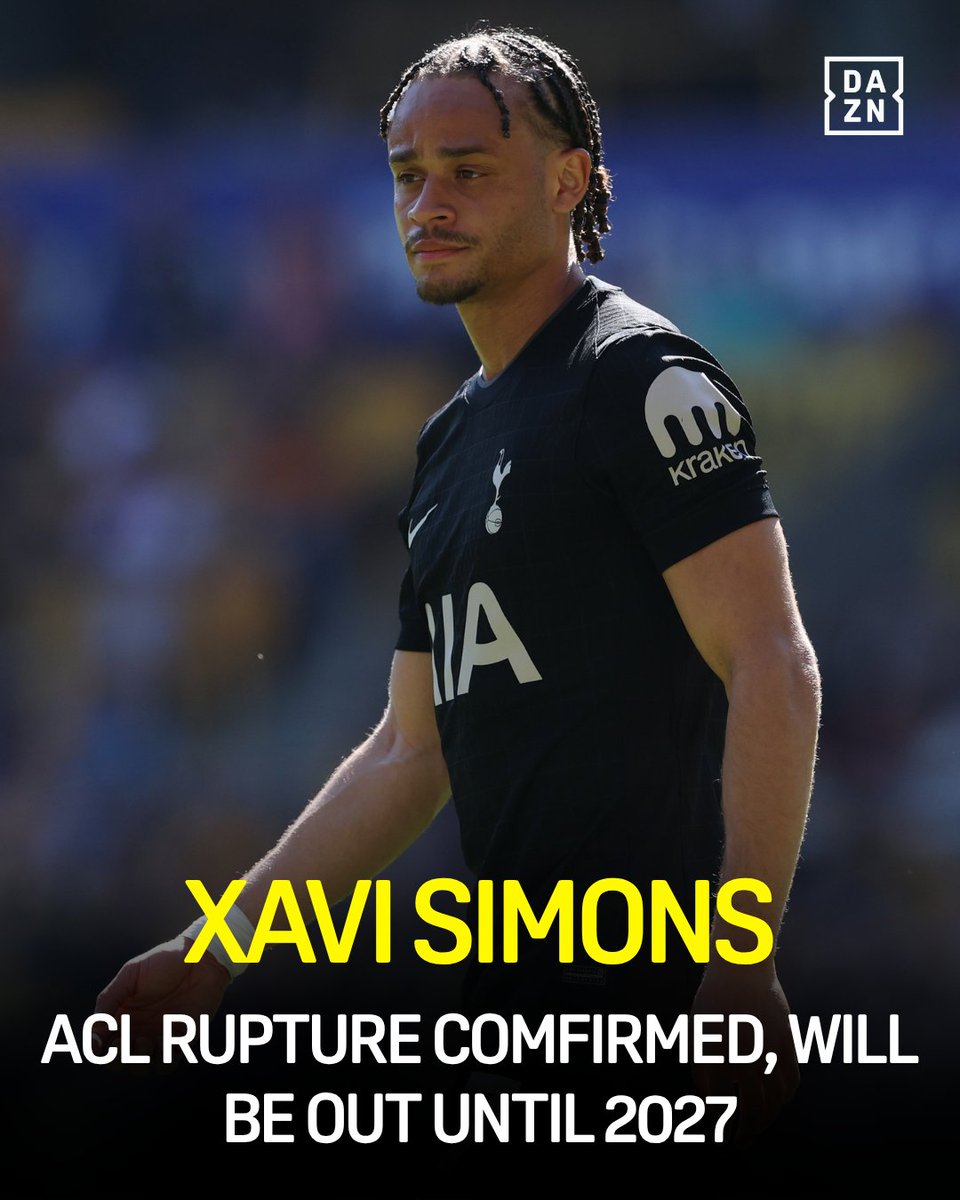 DAZNFootball's tweet image. Devastating setback for Xavi Simons.

A torn ACL will keep him out for the rest of Tottenham’s season and the World Cup, with the Dutch international now facing a long road back that can take up until 2027. 

Speedy recovery, Xavi. ❤️‍🩹🇳🇱 #PremierLeague