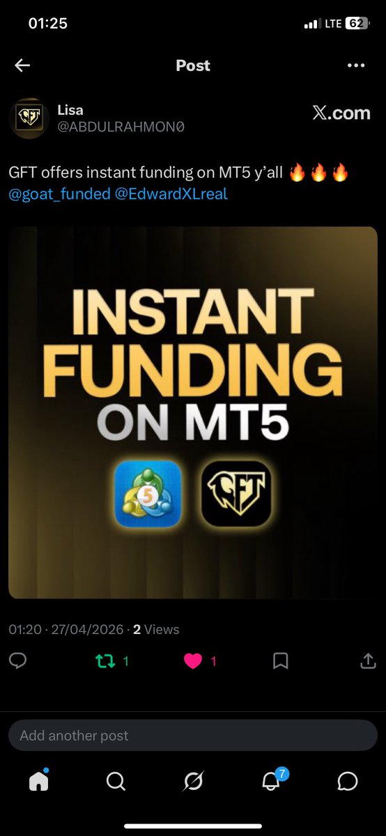 ABDULRAHMON0's tweet photo. The feature i like most on GFT is the instant funding and the simple interface 
Very easy to use @goat_funded @EdwardXLreal https://t.co/Vh08fnB8kY