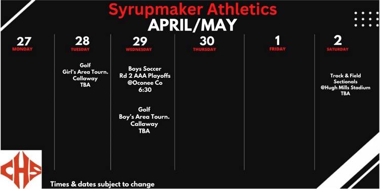 CairoHighSchool's tweet photo. State Playoffs! 
April 27-May2 
Support the Syrupmakers!! https://t.co/jwf18568FC