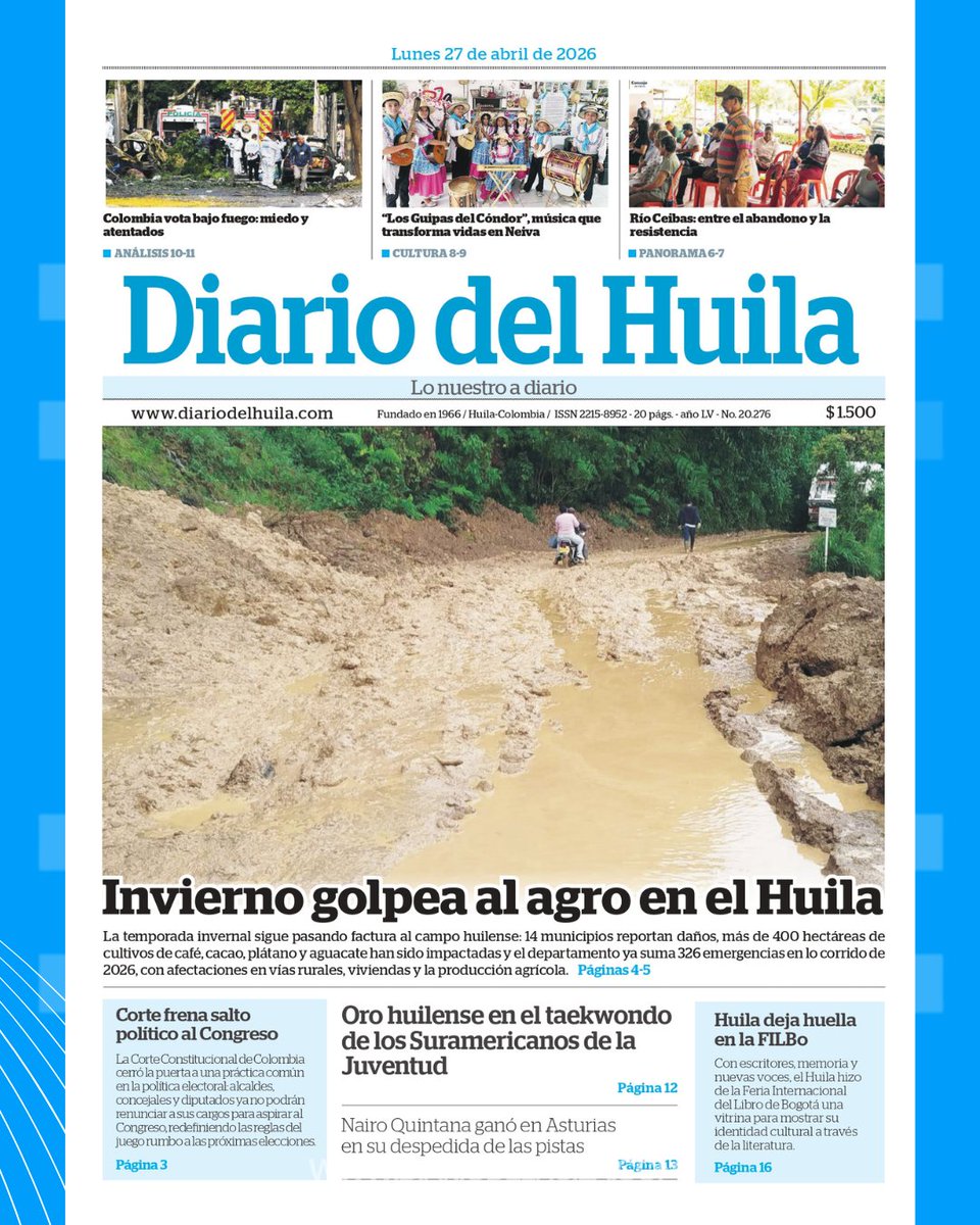 diariodelhuila's tweet image. #DH 📰✨ ¡Arranca el día bien informado con la portada y contraportada del Diario del Huila! 🌞📖

¡Buenos días, lectores! ☀️ Te compartimos la portada y la contraportada del Diario del Huila 🗞️ para este lunes 27 de abril, con los temas más relevantes que marcan la actualidad