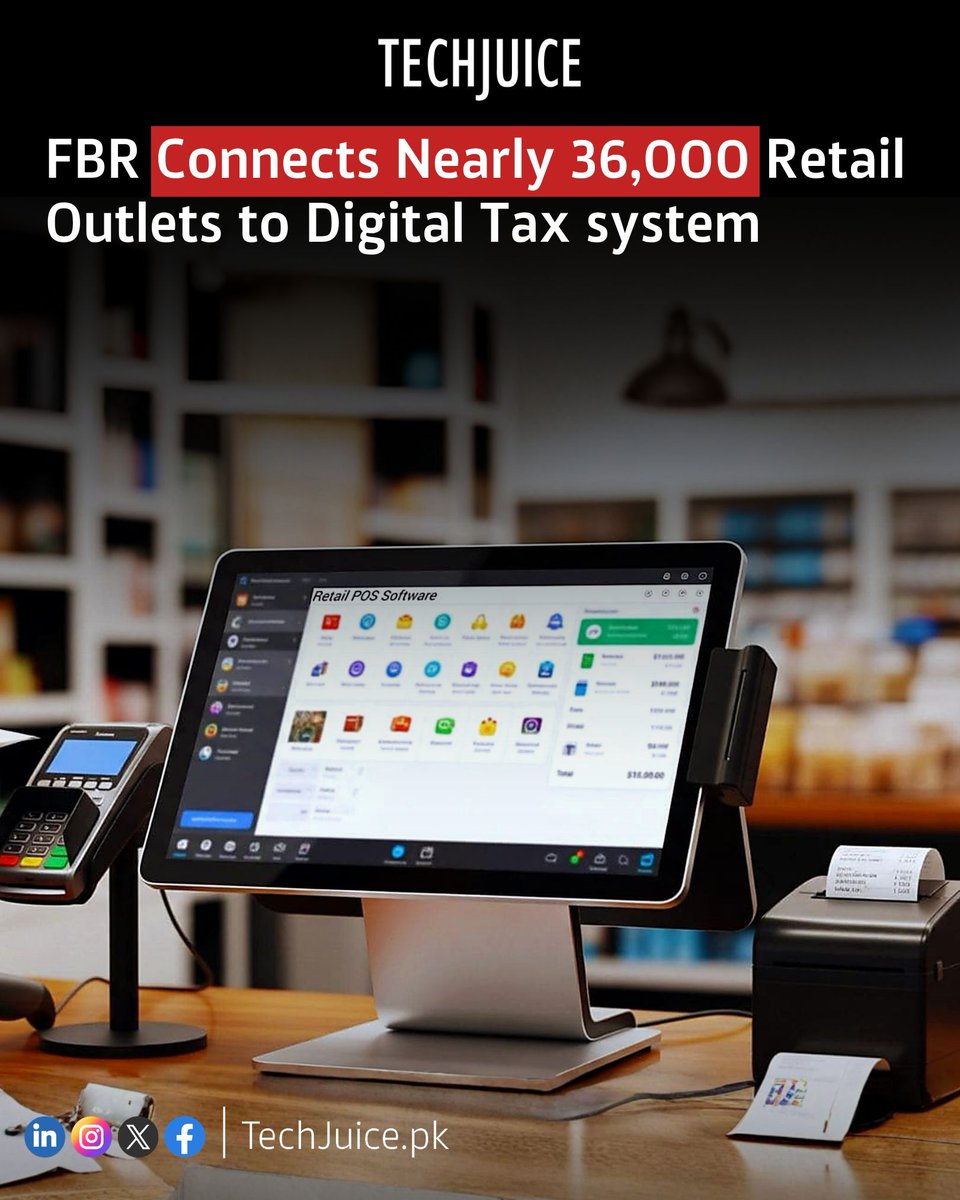 TechJuicePk's tweet image. FBR expands digital tax network across retail sector.
By April 2026, the Federal Board of Revenue has connected 35,953 branches of retailers, restaurants, and textile outlets to its POS system, strengthening real-time tracking and tax transparency.

#techjuice #pakistan #fbr #tax