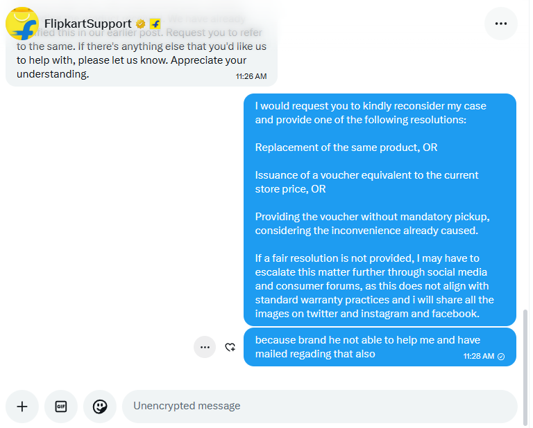 KunalRaghubans1's tweet photo. @flipkartsupport No help from @Flipkart or brand.Shared DM on 22nd April(proof posted)but no reply. Now being asked again to DM. Brand has already denied the claim.Issue wrongly marked “resolved”without solution.@jagograhakjago @consaff @NCH1915 @timesofindia @ndtv please look into this.#Flipkart https://t.co/PGbE5tw6Pp
