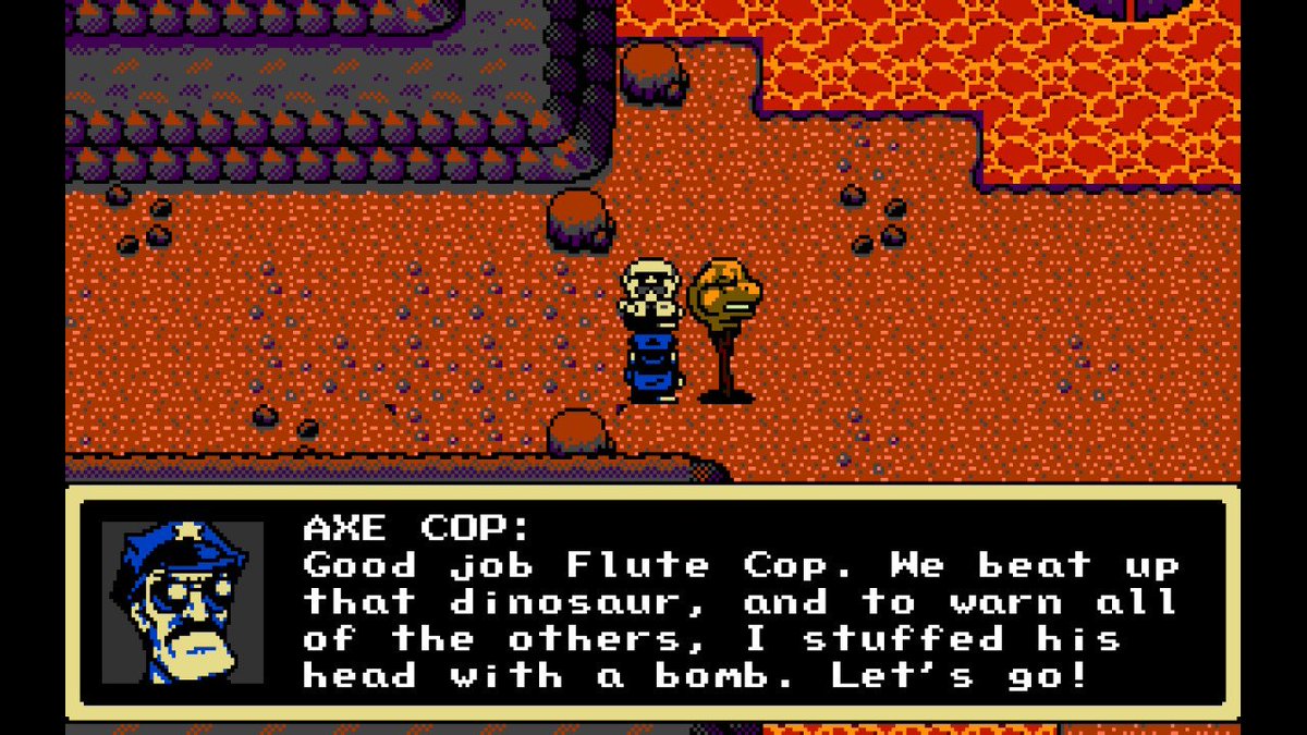 AxeCopTheRPG's tweet photo. Some say 'meteor', others say 'volcano', I say 'Axe Cop, with a bomb'. #RPG #IndieDev #ComedyGame #MotherLike https://t.co/6Gz13nQNo2