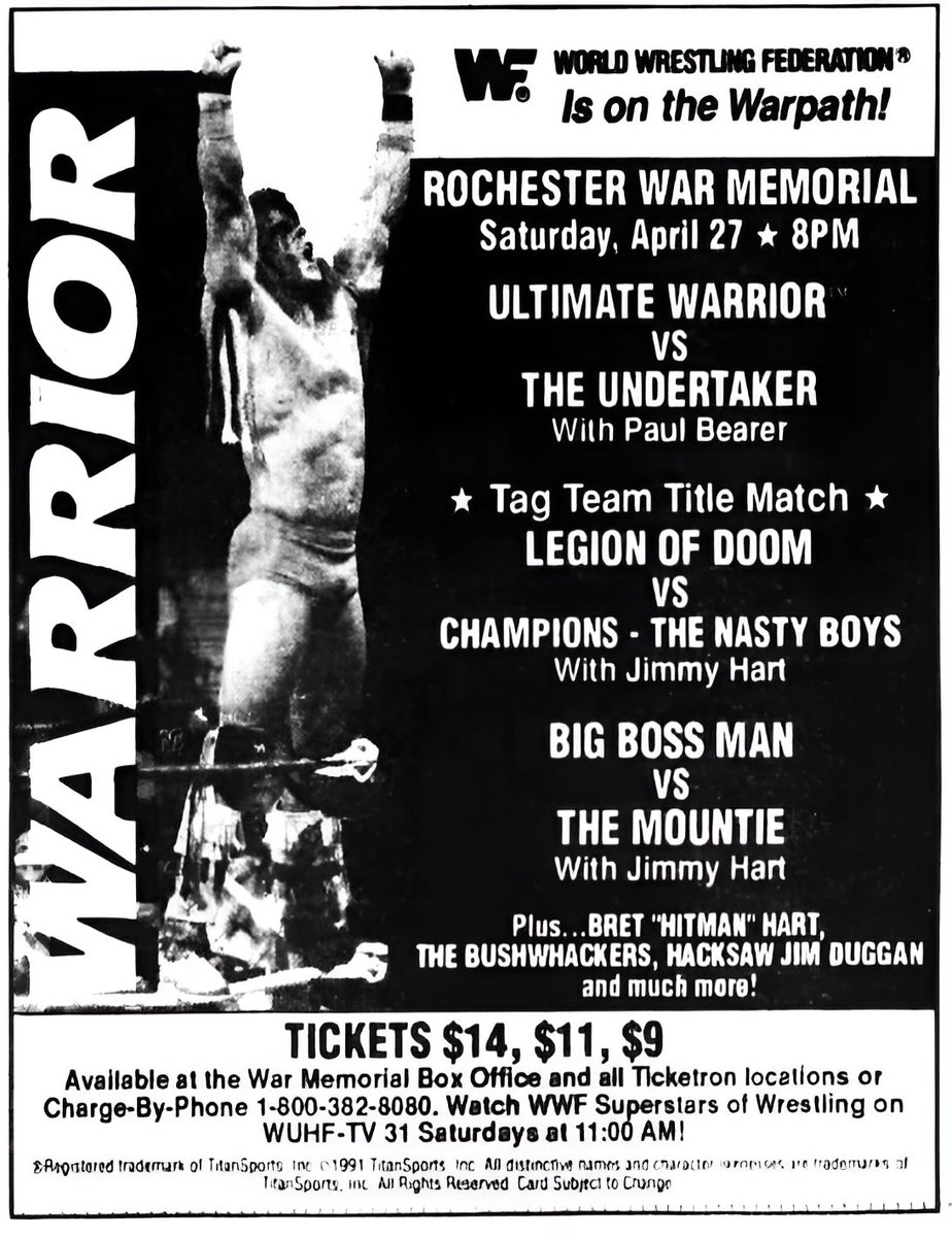 WWFWrestling1's tweet image. On this day in 1991: The WWF at the Rochester War Memorial in Rochester, New York! 🤼 #WWF #WWE #Wrestling #Undertaker #UltimateWarrior