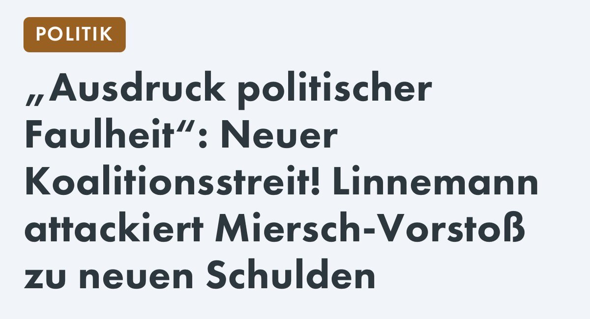 Schwarz und Rot streiten schon wieder wie ein altes Ehepaar vorm Scheidungsrichter: diesmal über neue Schulden. CDU-Linnemann nennt SPD-Mierschs Idee ‚politische Faulheit‘.

Toll. Während die beiden sich gegenseitig an die Gurgel gehen, regiert niemand. Deutschland guckt zu und
