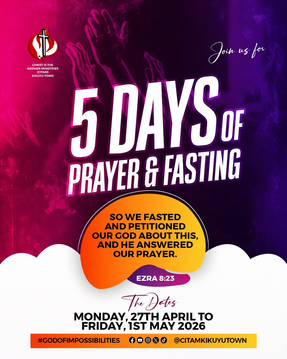 CITAMKikuyuTown's tweet image. Our 5 days of prayer &amp;amp; fasting start today, kicking off with adoration &amp;amp; thanksgiving 🙏✨ #CitamKikuyuTownChurch #GodOfImpossibilities #prayerandfasting