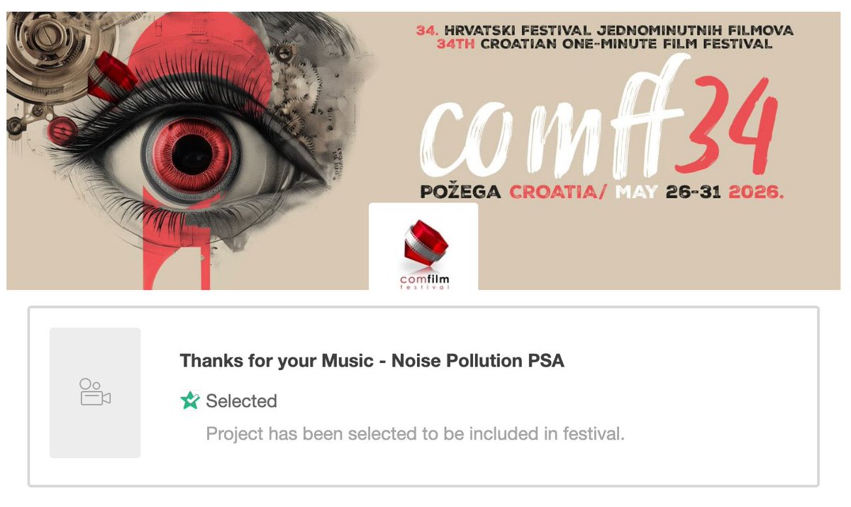 Pankazz's tweet photo. My Noise Pollution PSA “Thanks for your Music” has been chosen for the 34th Croatian One-Minute Film Festival in Požega, Croatia (May 26–31, 2026).

Honoured to be part of this global showcase.
#ComFF34 #OneMinuteFilm #NoisePollution https://t.co/rb9vUBH8rB