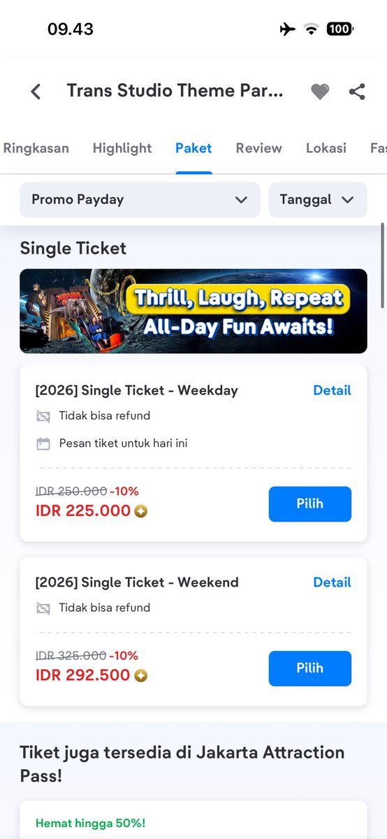 charkstore's tweet photo. WTS TIKET TRANS STUDIO THEME PARK CIBUBUR TSM 

💰150k/tiket 
✅ DP 50k
✅ AVAIL 2 TIKET
✅ COD
🗓️ 26 APRIL 2026 - 13 MEI 2026

wtb wtt wto #zonauang #zonajajan️️ https://t.co/D35Oku0Xgs