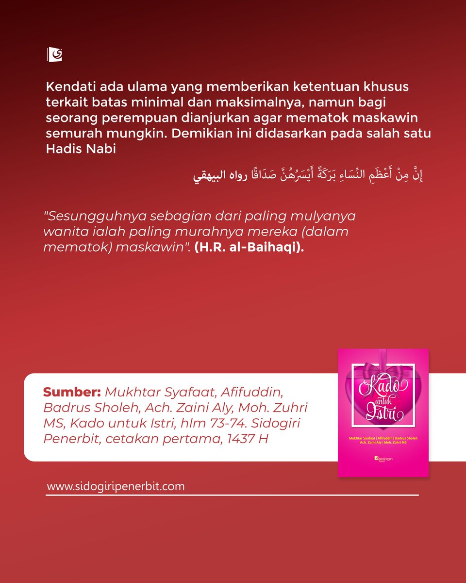 sidogiripnerbit's tweet image. Mahar itu bukan untuk membeli cinta…
Lalu kenapa masih banyak yg menjadikannya soal angka?
Untuk apa mahar selangit,
jika justru mempersulit ibadah?
Untuk apa nilai yg tinggi,
jika hanya demi pujian manusia,
namun kehilangan berkah dari Sang Pencipta?
#SidogiriPenerbit #Wanita