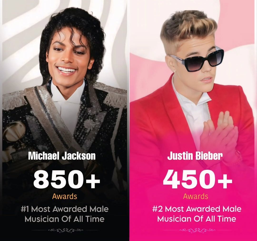 BLEXOLY's tweet photo. Most Awarded Male Artists In History🔥 

1) Michael Jackson – 800–900+ awards The global benchmark. Decades of dominance, cultural impact, and unmatched legacy.🚀 

2. Justin Bieber – 450+ awards One of the youngest ever to reach this level—massive global fanbase and consistent chart success.🔥 

3. Drake – 400+ awards Streaming king with record-breaking numbers in the modern era.✨ 

4. Eminem – 350+ awards Rap legend with both commercial success and critical acclaim.⚡ 

5. Kanye West – 300+ awards Innovator in music and production with huge industry influence.💢 

🔴 At such a young age, Justin Bieber has already secured his place as the 2nd most awarded male artist of all time, standing just after the legendary Michael Jackson. Being compared to MJ isn’t something anyone achieves easily. But Justin didn’t just enter the conversation—he earned his spot right behind him, proving that greatness isn’t about time, it’s about impact.🔥 #michaeljackson #justinbieber