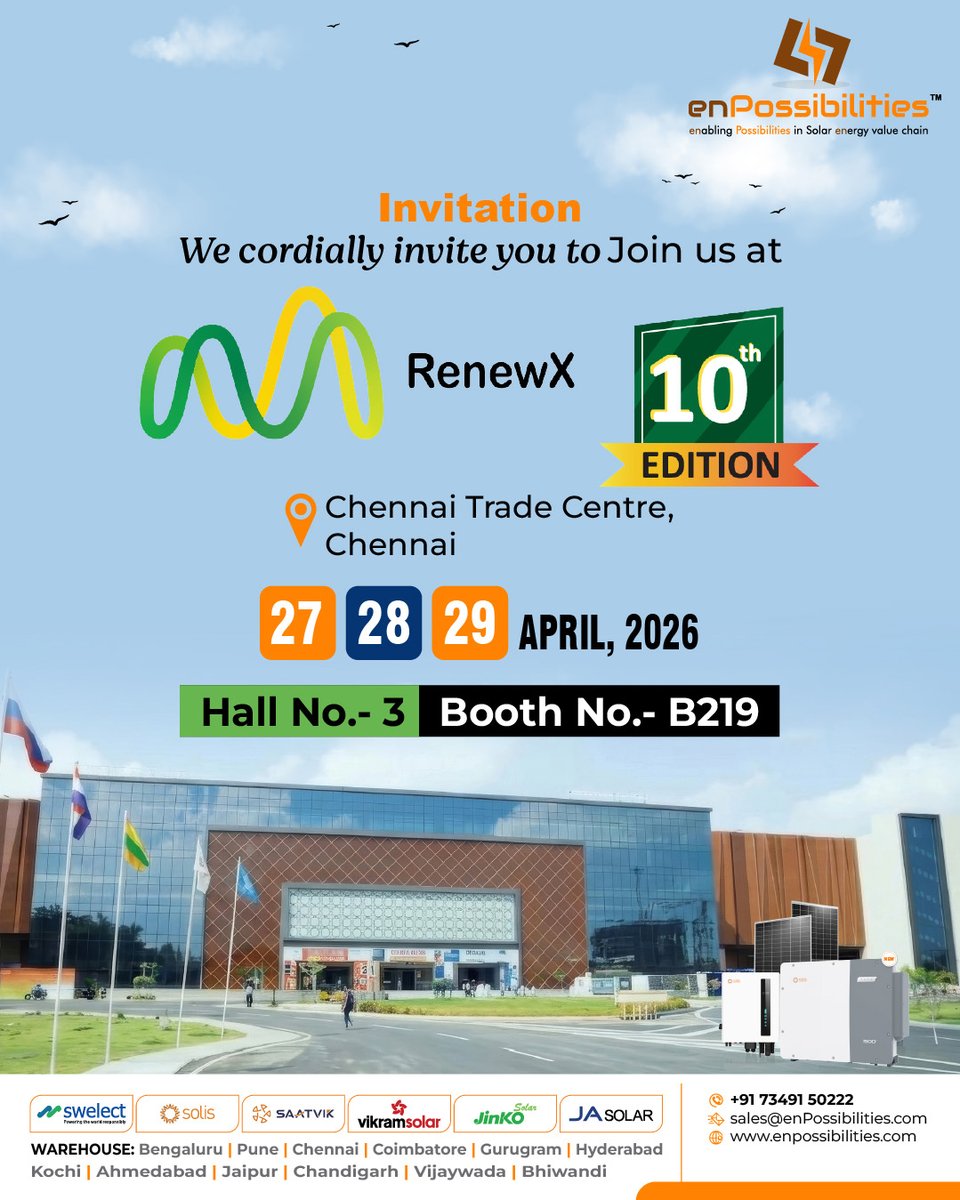 PossibilitiesEn's tweet photo. Excited to be part of RenewX 2026!

Join enPossibilities at Chennai Trade Centre and discover how we’re driving impact across the solar energy value chain.

📅 27–29 April
📍 Hall No. 3 | Booth B219

See you there.

#RenewX2026 #RenewX #SolarEnergy #CleanEnergy #RenewableEnergy https://t.co/7T4qyS2Tpl