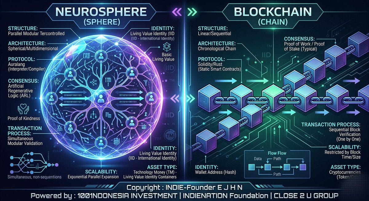 BemmagzMagazine's tweet image. The Evolution of Digital Value
​🚀 Beyond the Chain: Welcome to the Sphere Era 🌐

​Is the future linear or multidimensional? While the world talks about #Blockchain , we are building the #Neurosphere. Here is why the shift from #Chain to #Sphere changes everything