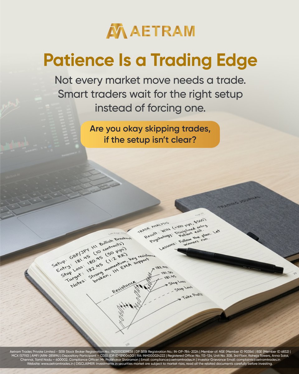Aetramtrade's tweet photo. Not every opportunity needs action. The real skill in trading is knowing when not to enter.
Discipline builds consistency.
#StockMarketIndia #TradingDiscipline #SmartTrading #PriceAction #TraderMindset #Aetram #TradingPsychology #FinancialEducation #tradewithaetram https://t.co/fSyiYZhoAt