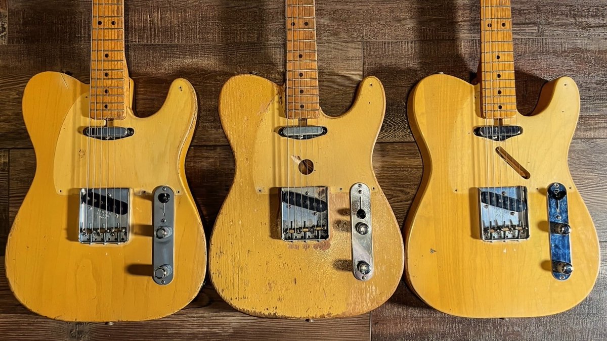 miradasurfs's tweet image. Found this interesting. 
Stripped down blackguards to show routing evolution. 1950- Broadcaster, 1951- Nocaster and a 1952 Telecaster 
#guitars