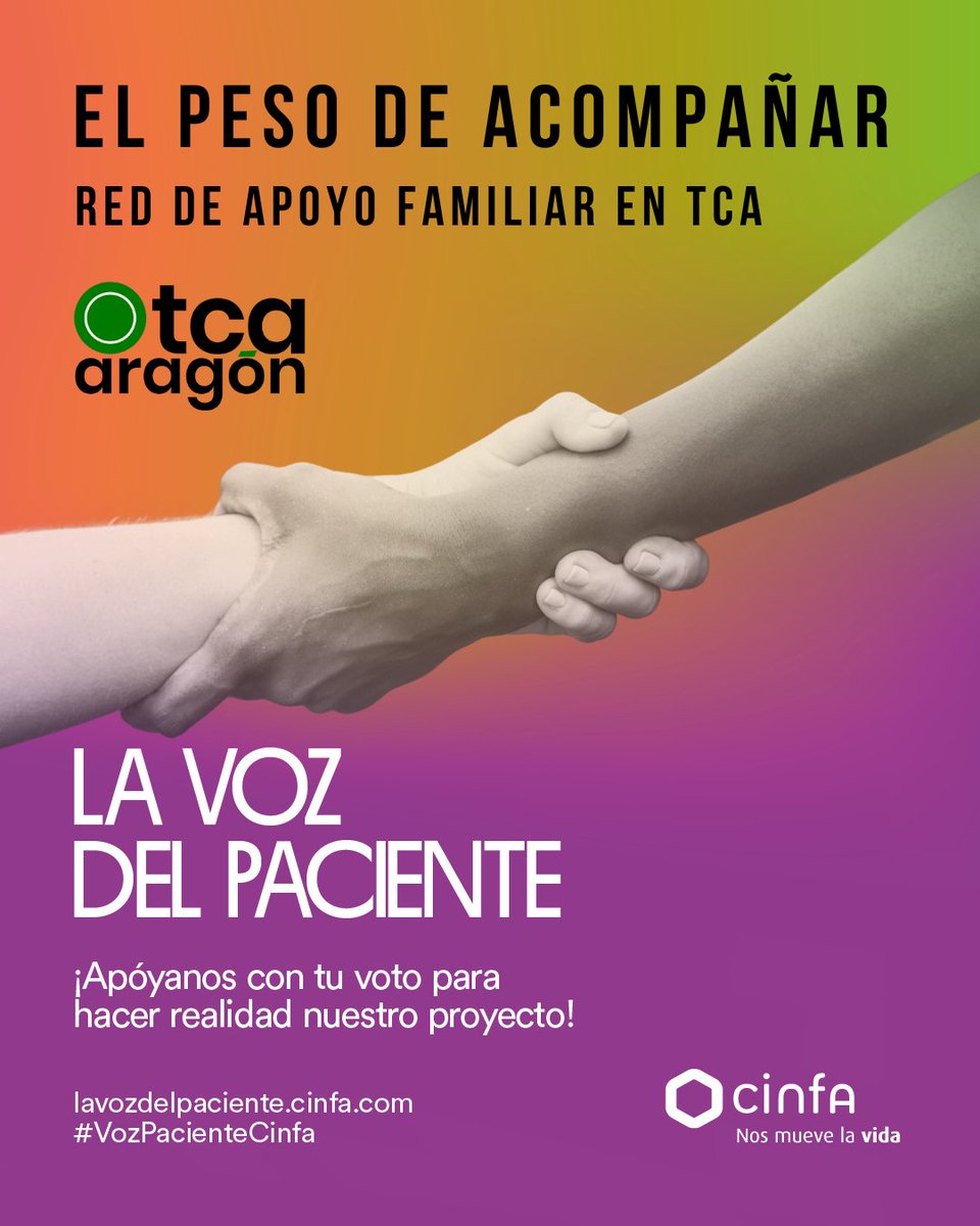 TCA_Aragon's tweet image. Hemos presentado un proyecto a la 5ª edición de “La voz del paciente”, una iniciativa solidaria de Cinfa que apoya a entidades como la nuestra 💚

Puedes votar aquí lavozdelpaciente.cinfa.com/s/24169 hasta el 6 de mayo a las 12:00

Gracias por apoyarnos y difundir
#TCA #VozPacienteCinfa