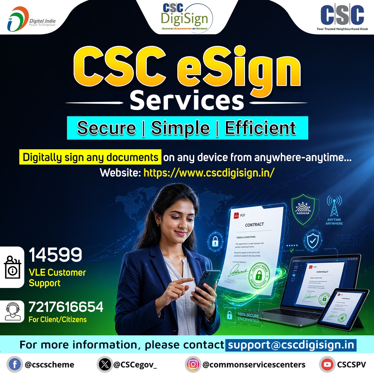 CSCegov_'s tweet image. CSC eSign Services

Digitally sign documents anytime, anywhere on any device.

Visit: cscdigisign.in

For support:
📧 support@cscdigisign.in
📞 14599 (VLEs) | 7217616654 (Citizens/Clients)

#CSC #DigitalIndia #DigitalSignature #eSign #DigitalInclusion #CSCeSignService