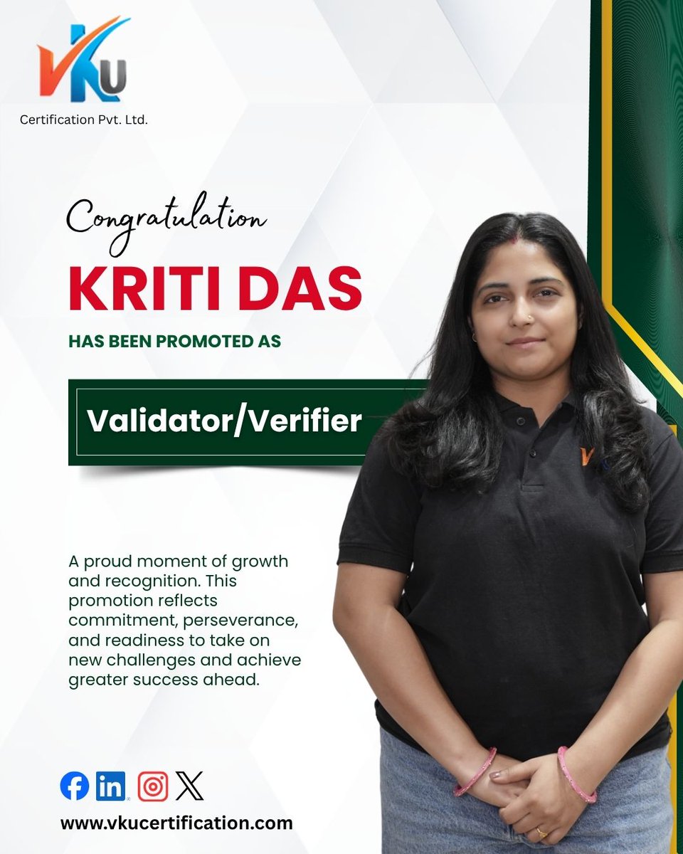 VKU_GHG's tweet image. Congratulations to Kriti Das on her well-deserved promotion to Validator/Verifier! 🎉
Wishing you continued success as you take on new responsibilities and achieve even greater milestones ahead. Your growth inspires us all! 🌟

#Congratulations #PromotionSuccess #TeamAchievement