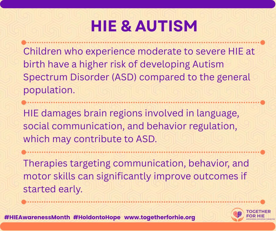 T4HIE's tweet photo. Did you know? Children who experience moderate to severe Hypoxic Ischemic Encephalopathy at birth are at higher risk of developing Autism Spectrum Disorder (ASD). Early therapies can improve outcomes.
#HIEAwarenessMonth #HoldontoHope #TogetherForHIE #HopeforHIE https://t.co/mIOAj7pbMF