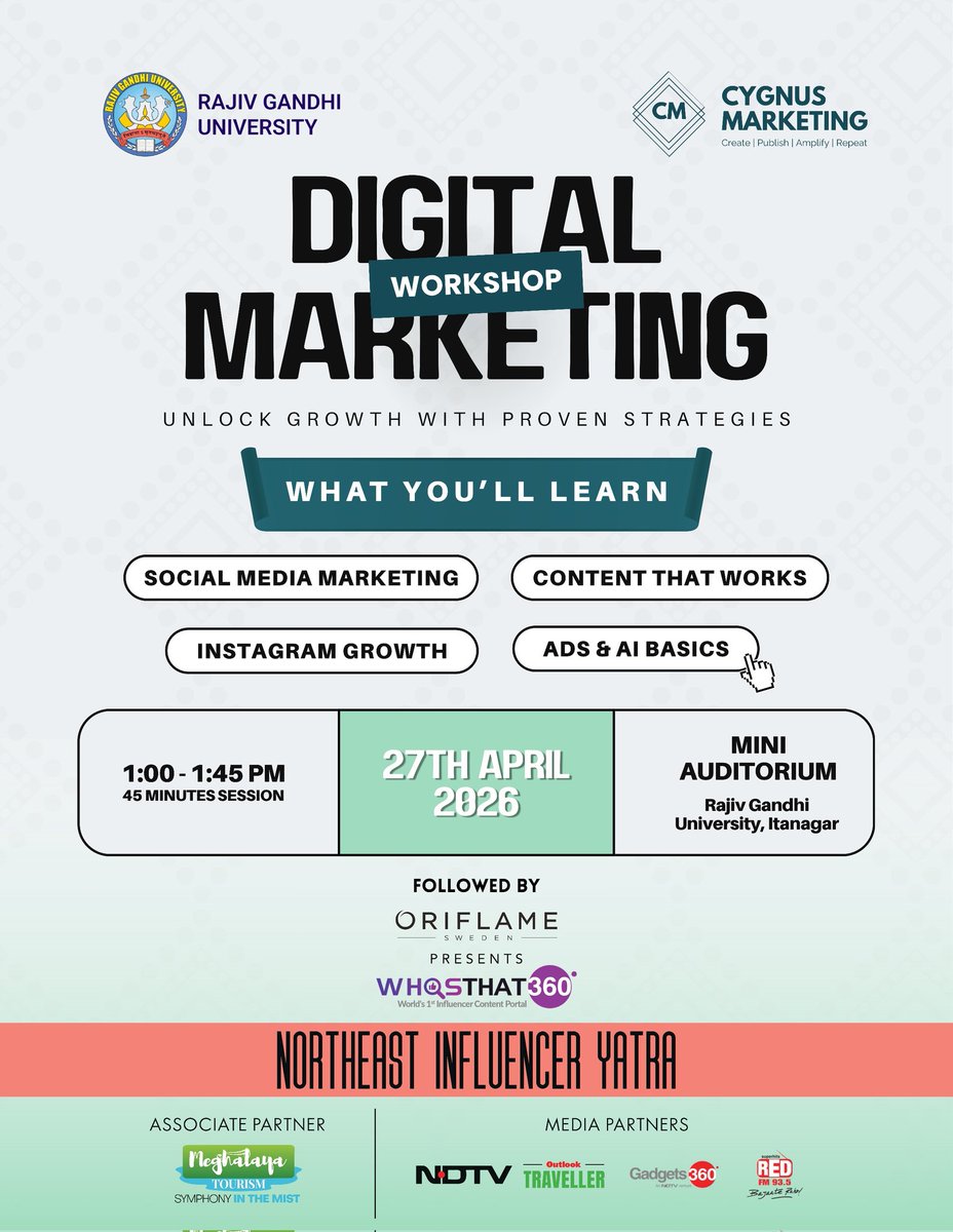 MyGovArunachal's tweet image. Take your digital skills to the next level at RGU with a focused session on social media growth, content creation techniques, and the practical use of ads and AI in today’s online landscape. 

#ContentCreation #DigitalSkills #LearnDigital