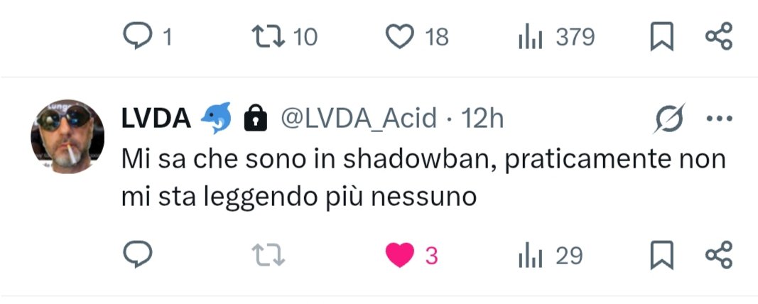 Siamo tutti in #shadowban ... ci sconnettono di proposito dalle persone che seguiamo e che ci seguono.

A volte cancellano anche i follow.

Intento di disgregare la community, soprattutto noi contro il regime.

<a href="/LVDA_Acid/">LVDA 🐬</a>