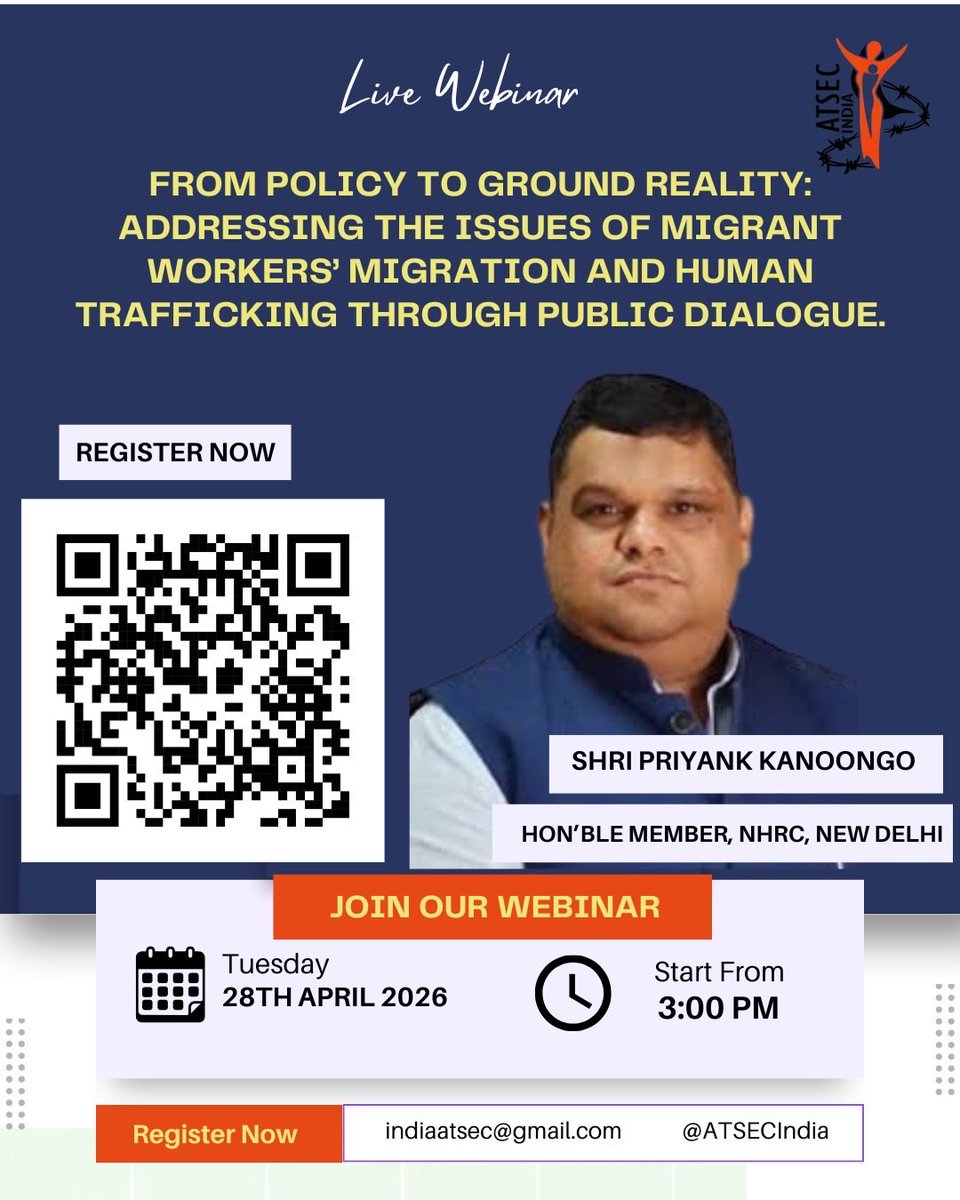 bksranchi's tweet photo. From policy rooms to ground realities—let’s talk about what truly works.

Join us for a critical dialogue on migrant workers, migration, and human trafficking, with @KanoongoPriyank as Chief Guest.

Be part of the conversation organised by ATSEC India that drives change. https://t.co/8uHSS3e3np