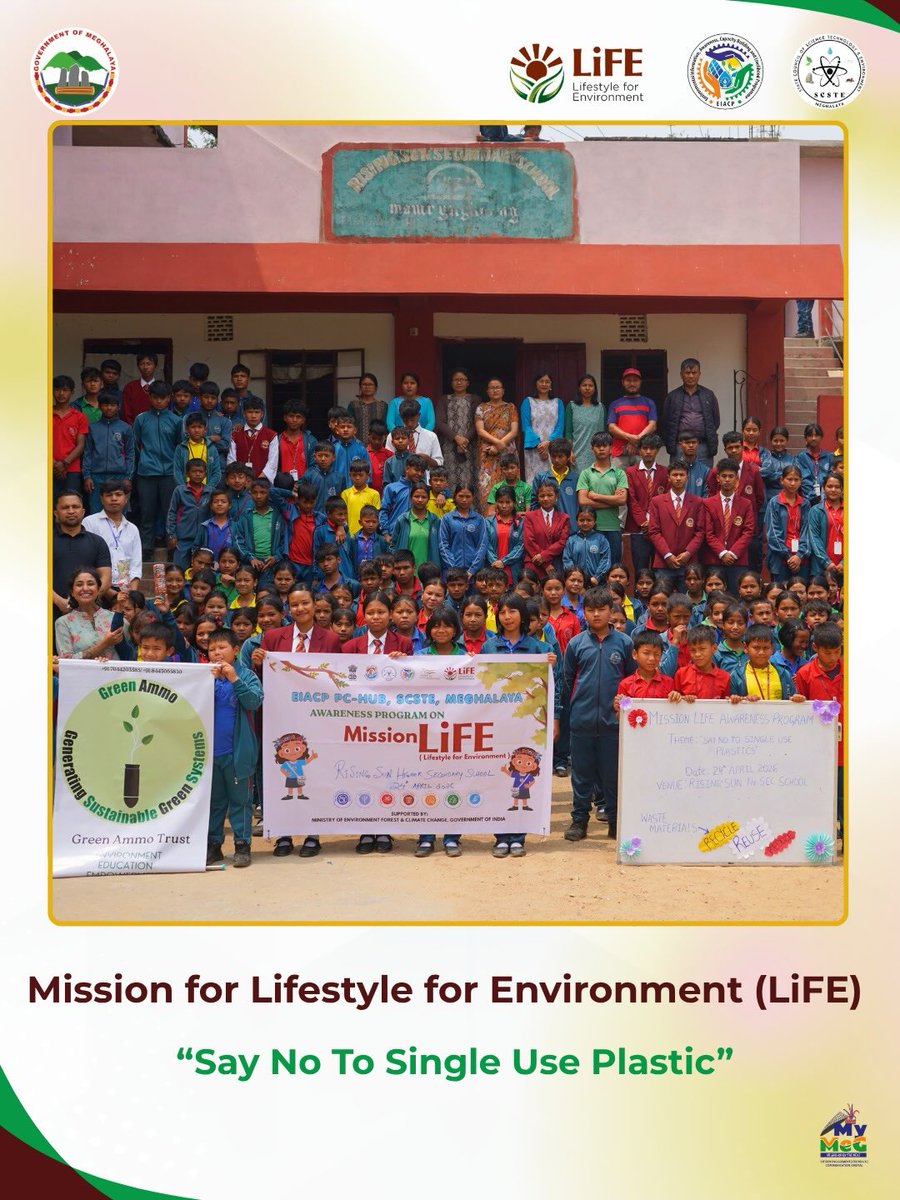 eiacpshillong's tweet photo. Under the guidance and support of the EIACP, the Mission LiFE Awareness Program theme “Say No to Single Use Plastic” was held on 24 April 2026 at Rising Sun Higher Secondary School, Mawryngkneng, with the objective of promoting sustainable habits and environmental responsibility. https://t.co/gDQhZBEOdc