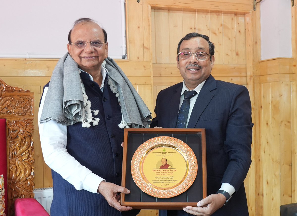 EDII_DGO's tweet photo. Dr. Sunil Shukla, Director General, EDII, along with the EDII team, met the Hon’ble Lt. Governor of Ladakh Shri Vinai Kumar Saxena, to discuss building a strong entrepreneurship ecosystem for the youth. The interaction focused on strengthening opportunities through ongoing and proposed initiatives in the region.

During the visit, Dr. Shukla also met Shri Ashish Kundra, Chief Secretary, UT Ladakh, to deliberate on establishing a Centre for Entrepreneurship Development to expand outreach and scale entrepreneurship promotion across the Union Territory.

Building on these discussions, the Institute continues to advance its commitment to building inclusive and sustainable entrepreneurship ecosystems across the region.

@lg_ladakh @ashishkundra @DIPR_Ladakh @DIPR_Leh @DIPR_Kargil @PMOIndia @HMOIndia @EduMinOfIndia @MSDESkillIndia @EDIIAhmedabad @EntLadakh  @Drsunilshukla2 @ddnewsladakh 

#EDII #EDIIAhmedabad #EDIIDGO #entrepreneurship #EnterprisingLadakh