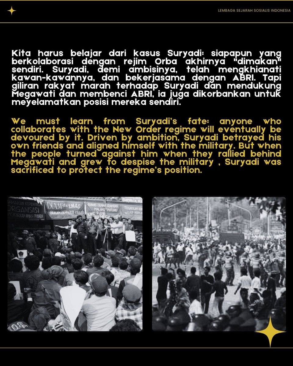 LSSIIISH's tweet photo. Sejarah telah berulang kali menunjukkan bagaimana militer Indonesia memecah, mengadu domba, lalu menghancurkan bahkan terhadap mereka yang pernah menjadi sekutu.

Seperti kisah Suryadi, demi ambisi politik, ia memilih jalan pengkhianatan meninggalkan kawan-kawannya sendiri dan https://t.co/mshk9WdQMY