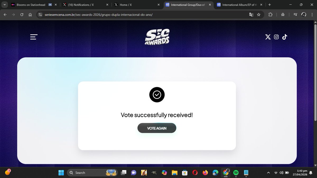 🚨Sa website napo tayo boboto!
Hindi purket na end na yung x5 voting boost at ang voting phase ay titigil na tayo, we got till May 31!

INTERNATIONAL GROUP OF THE YEAR🌸
🔗seriesemcena.com.br/sec-awards-202…

INTERNATIONAL EP/ALBUM OF THE YEAR🌸
🔗seriesemcena.com.br/sec-awards-202…

#BINI <a href="/BINI_ph/">BINI_PH</a>