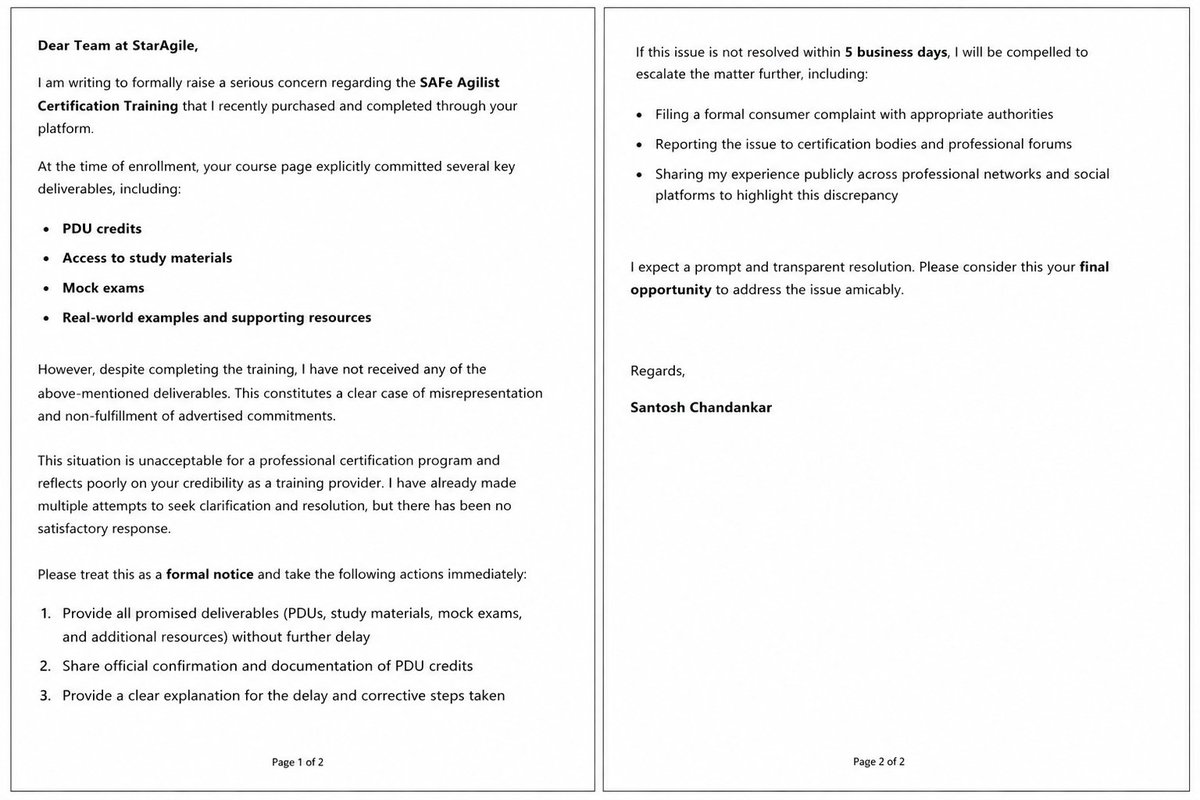 csantosh's tweet photo. @StarAgile_com , @staragile12  ,
I completed your SAFe Agilist training (11 March26), but none of the promised deliverables (PDUs, study materials, mock exams, real-world resources) have been provided. This is a clear case of misrepresentation.
Please resolve this asap https://t.co/8fyC0tbPJo