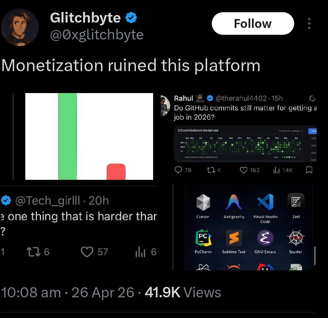 legitisadev's tweet photo. @0xglitchbyte Monetization ruined this platform https://t.co/1a0zdu6ymY
