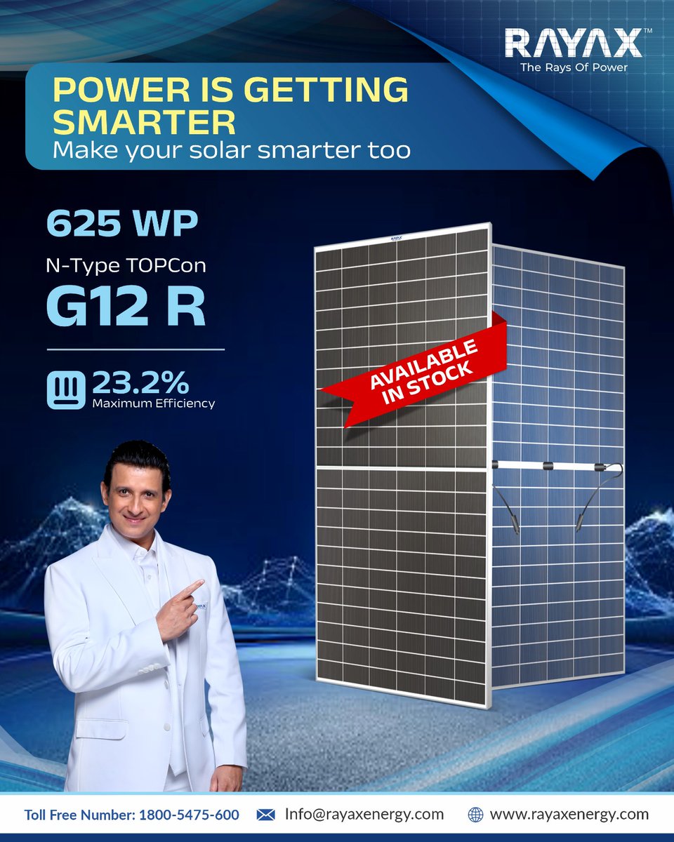 Rayaxenergy's tweet image. Power is getting smarter. Upgrade with Rayax 625 WP N-Type TOPCon G12 R modules, up to 23.2% efficiency, and now in stock.
#RayaxEnergy #SolarPower #RenewableEnergy #CleanEnergy