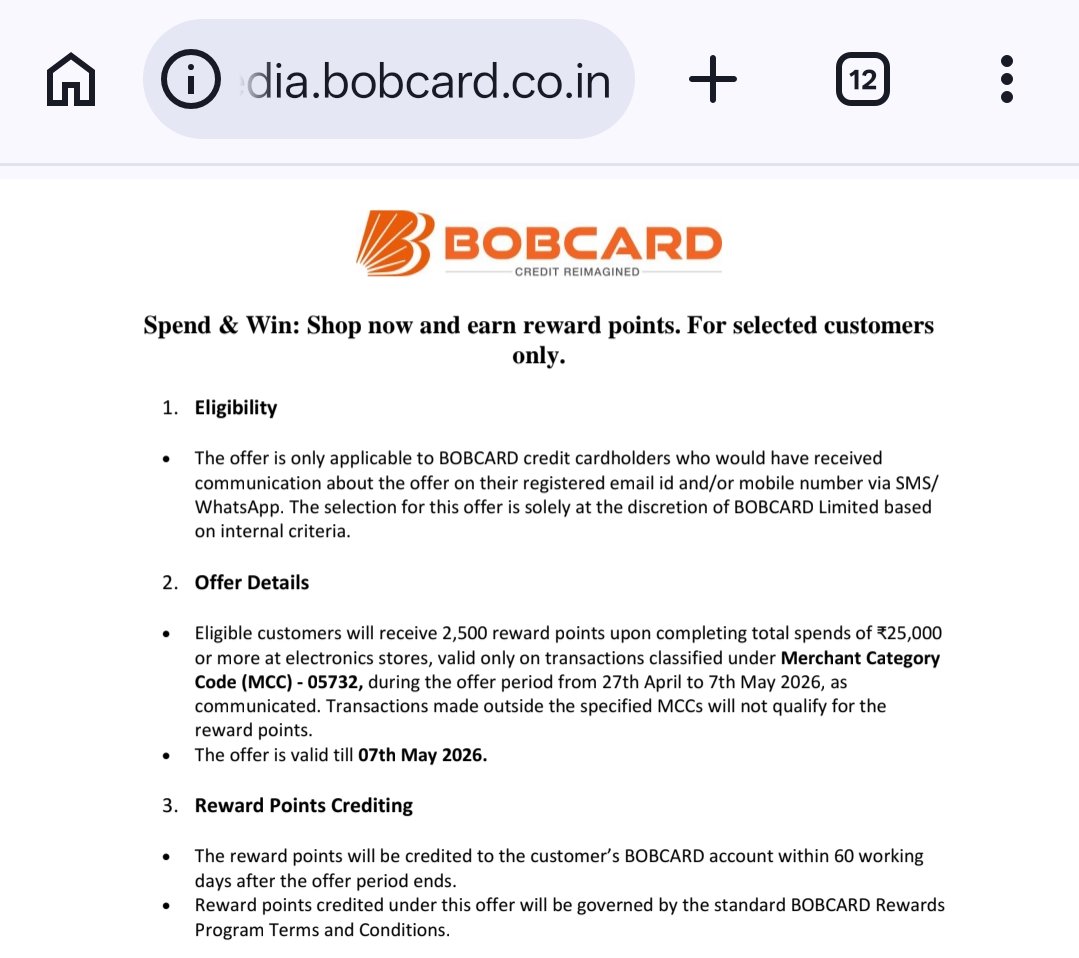 initinkrs's tweet photo. BOBCARD users, here’s a limited-time perk 🎉

Spend ₹25,000+ at electronics stores (MCC 5732) between 27 Apr – 7 May 2026 &amp; earn 2,500 reward points 💳✨

✅ Valid for selected cardholders (check your SMS/email)
⏳ Offer ends 7 May 2026

Upgrade your tech &amp; get rewarded! https://t.co/lPMnxMsCec