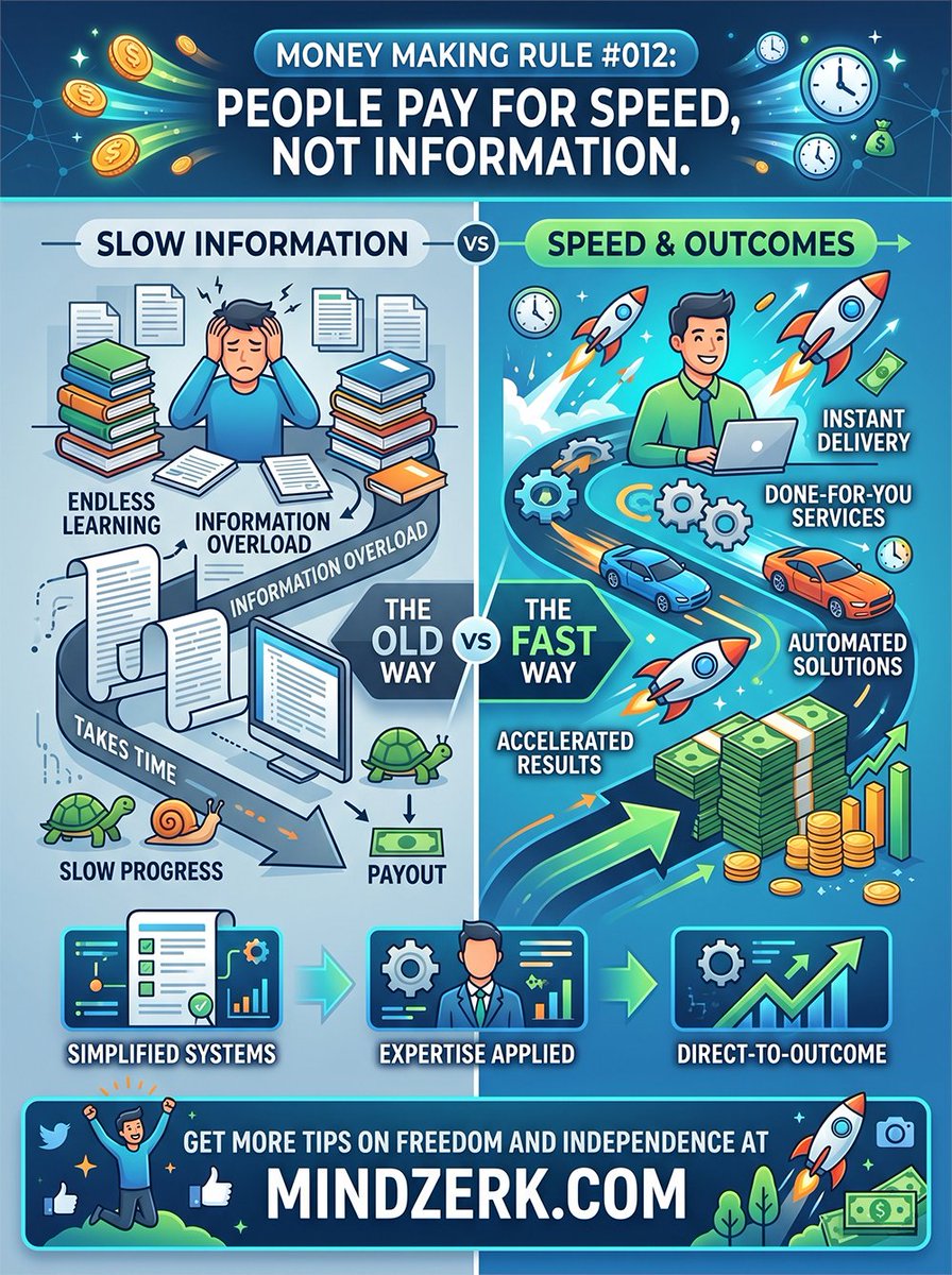 mindzerk's tweet image. People don’t just pay for the outcome…

They pay to get there faster.

Less waiting.
Less friction.
Less delay.
People pay for speed.
Time saved = value.
oracle.mindzerk.com/people-pay-for…

#MarketingTips #BusinessStrategy #EntrepreneurTips #Mindzerk #ProfitBombs