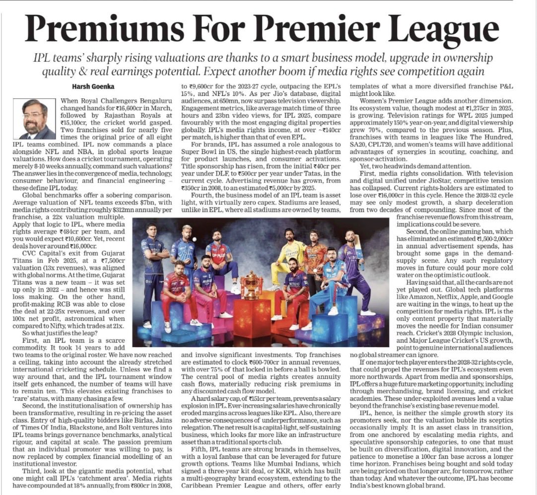 prudent_invstor's tweet image. Good research on the scarcity premium of #IPL teams and recent deals and the risks ahead 

#IndianPremierLeage #TeamValuations #AdvertisementRevenues