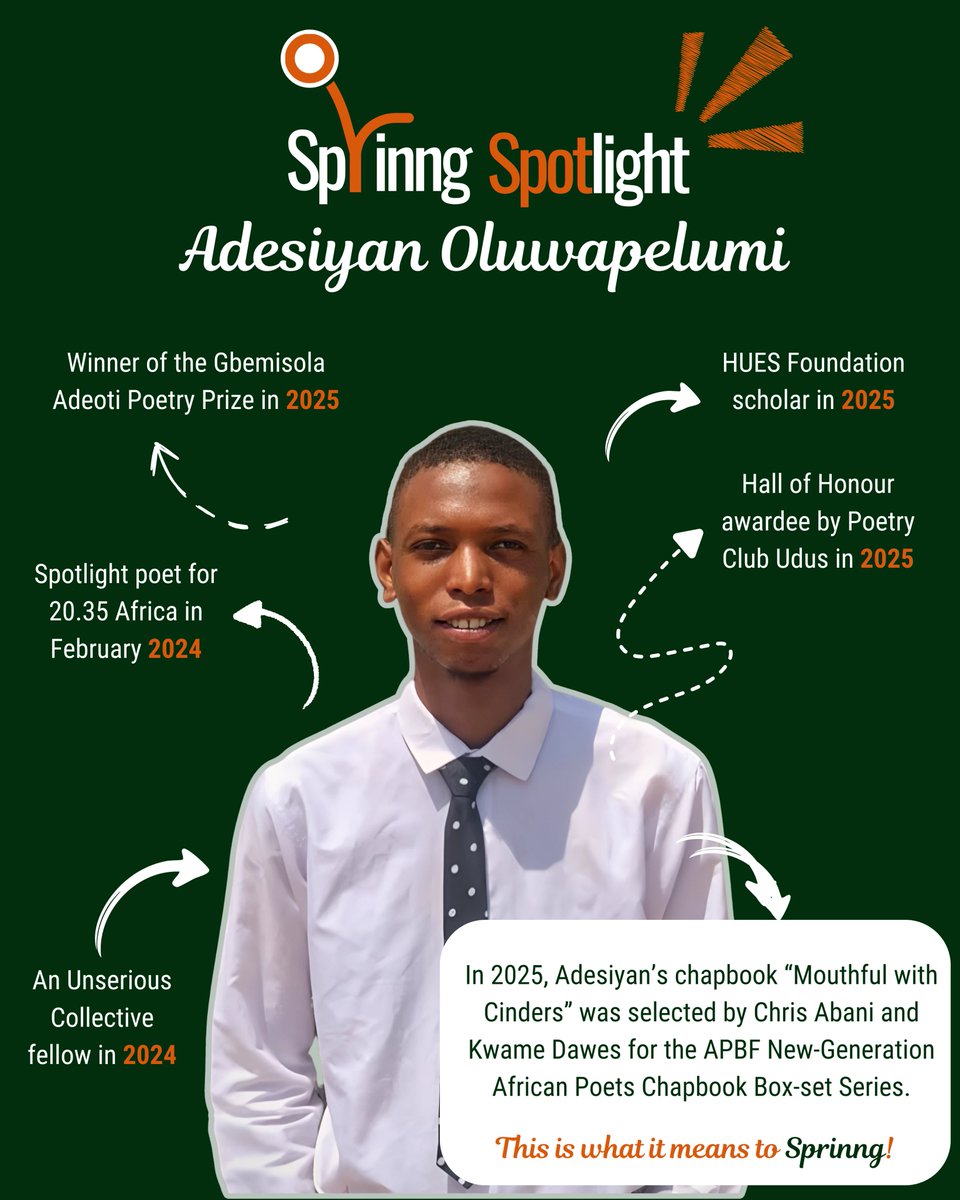 SprinngLM's tweet photo. This is what growth looks like.

From the Sprinng Writing Fellowship to award-winning recognition, publication opportunities, and major milestones—Adesiyan Oluwapelumi’s journey reflects what is possible when talent meets opportunity.

#SprinngSpotlight #AfricanWriters https://t.co/AHi2cR1Dj1