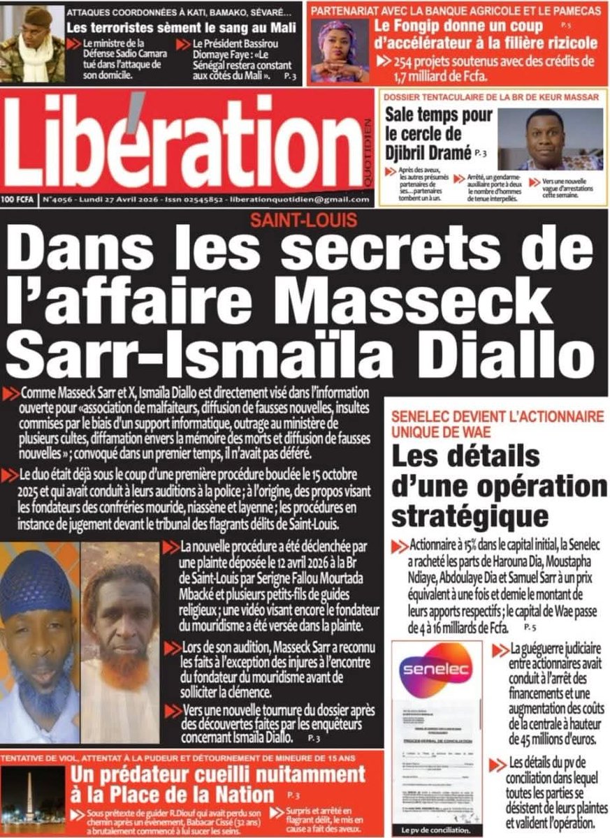 MasseneDIOUF3's tweet image. Thread  la Une  des  journaux Sénégalais  du Lundi  27  Avril 2026 🇸🇳👇🏽.
Bon début de semaine à tous 🇸🇳 😍.

#Senegal 
#kebetu