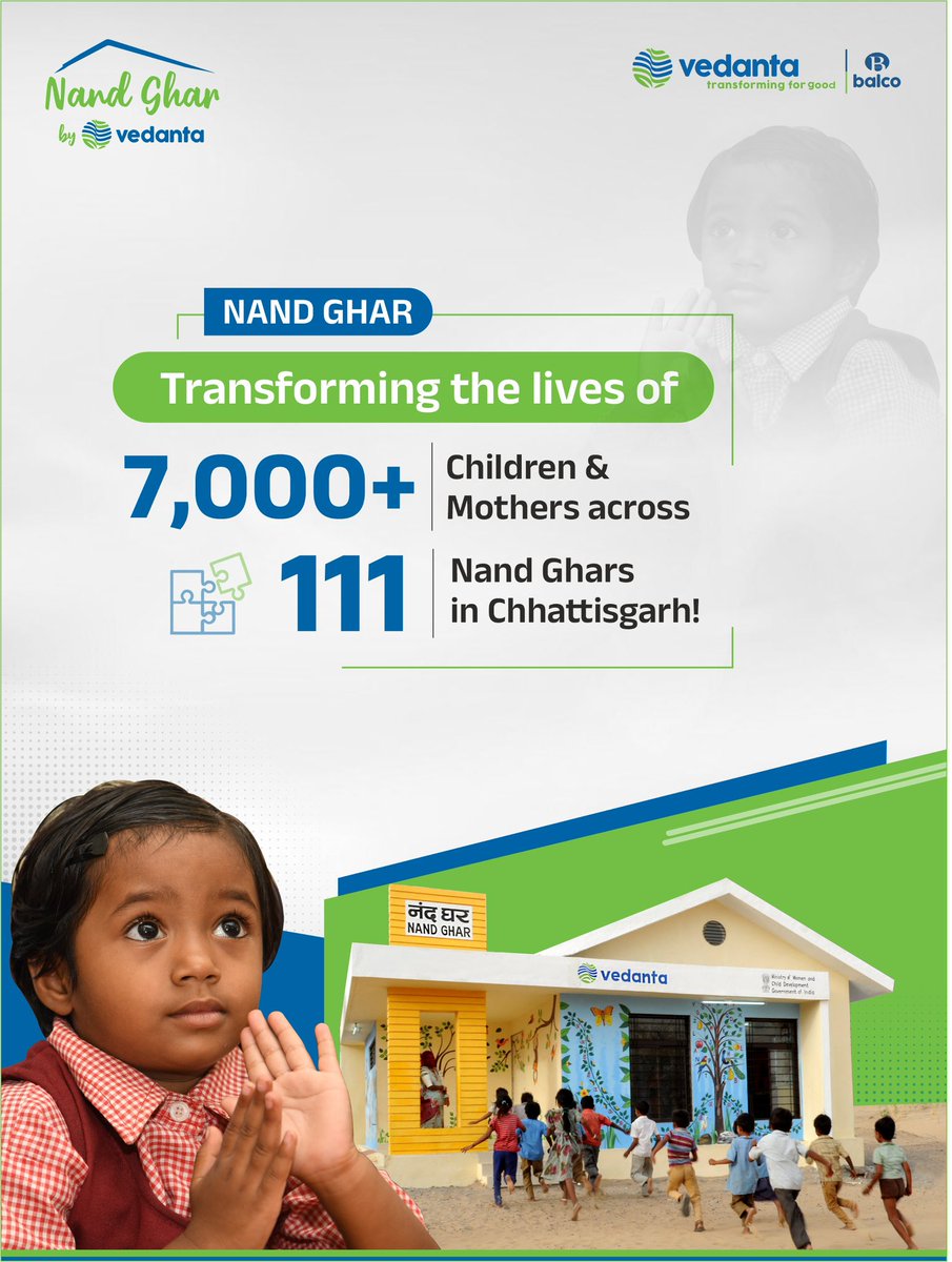 Balco_India's tweet image. Nand Ghar has been transforming lives by reaching 7,000+ children &amp;amp; mothers across 111 centres in Chhattisgarh in FY’26 building stronger families &amp;amp; nurturing brighter futures.

#Vedanta #BALCO #TransformingCommunities #TransformingForGood
