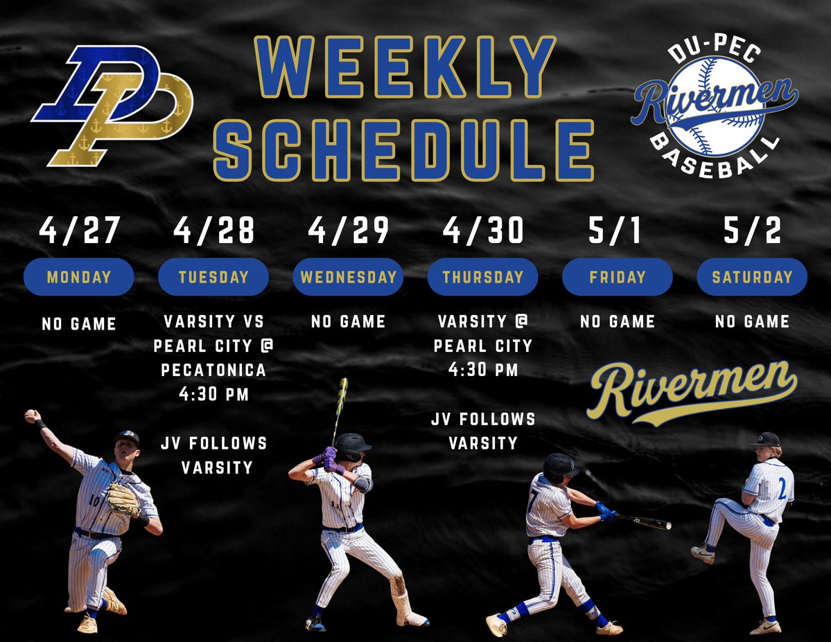 DuPecBaseball's tweet image. Here’s the week ahead as we climb back into conference play after a big week.

Momentum means nothing without consistency—show up, compete, and stack days.

⚓️ Down
#ProudToBe