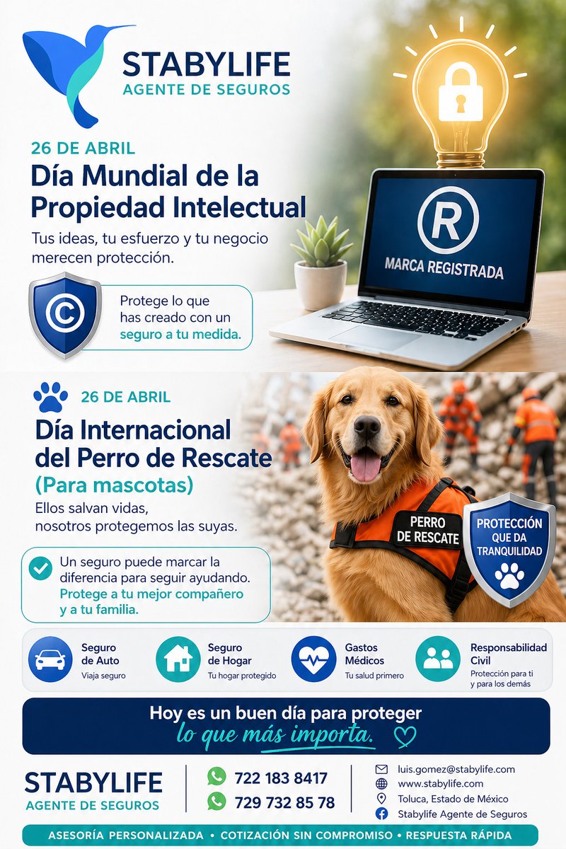 Así como proteges tus ideas y valoras a quienes salvan vidas, protege también lo que más amas: tu patrimonio, tu salud y tu familia. En STABYLIFE, tu tranquilidad es nuestra prioridad        
 #DíaDeLaPropiedadIntelectual
#PerroDeRescate
#ProtegeLoQueImporta
#SegurosParaMascotas
