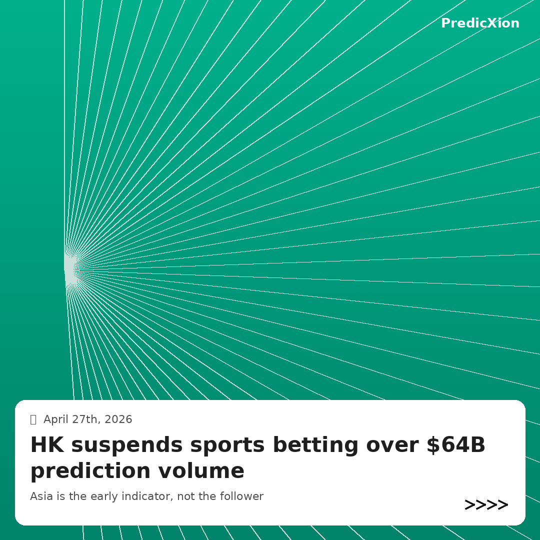 PredicXion's tweet photo. Hong Kong just delayed the rollout of legal sports betting — and it cited prediction-market trading volume as the reason.

The number that broke the licensing track: $64 billion in regional prediction-market volume in 2025, up ~200% YoY.

Read that again. A jurisdiction designing a brand-new regulated sports-betting regime paused it because the unregulated cousin already moved that much liquidity.

This is the Asian crypto plot twist no Western prediction-market commentary is pricing in:

→ The HK Jockey Club model assumes sports betting is the apex social product. Volume from prediction markets just disproved that.
→ Singapore is seeing rising illegal prediction-market wagers running parallel to its tightly licensed sportsbooks.
→ Japan reclassifies crypto under FIEA in April 2026 — opening the door for compliant on-chain prediction-market structures the U.S. is still fighting in court.

Asia is not the follower in this market. Asia is the early indicator.

For the PredicXion community — quick poll, two options only, no fence-sitting:

A) HK launches its own licensed prediction market within 12 months
B) HK doubles down on the Jockey Club model and pushes prediction markets back to grey-market

Reply with A or B. Receipts saved for a year-end leaderboard.

#PredictionMarkets #AsianCrypto #HongKong