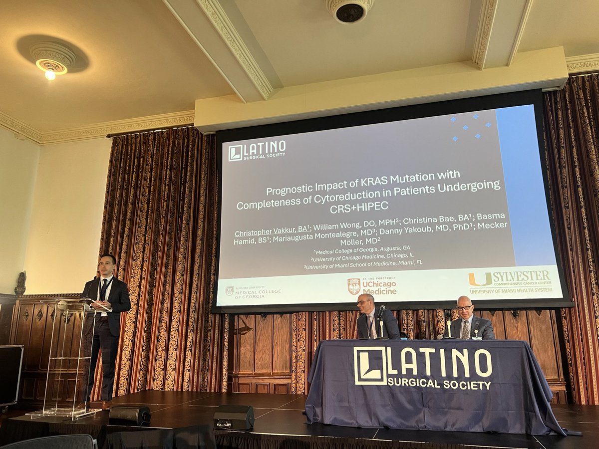 MeckerMollerMD's tweet photo. Beaming with pride for @ChrisVakkur winning the Research Award 🏆 for our work on KRAS and CRSHIPEC #hipec @LatinoSurgery Sumposium . Thanks Dr #dannyyakoub for the collaboration @UChicagoMed @acpmpresearch @JBMatthews https://t.co/mrKVLERqEs