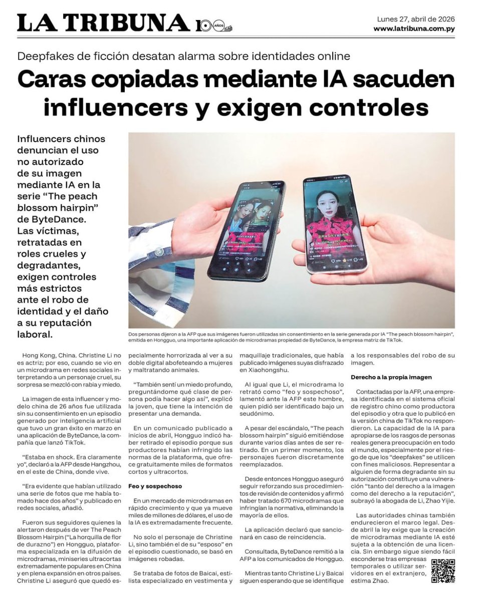 ☀️ ¡Buenos días!

📰 Tapa de La Tribuna del 27 de abril del 2026.

🐄La ARP exige combate al abigeato, a faena clandestina e invasiones.

🖊️ Editorial: Postura objetiva de la SIP sobre banco Atlas.

🧅Capacitan a comunidades indígenas para producción rentable de cebolla.

📱Caras