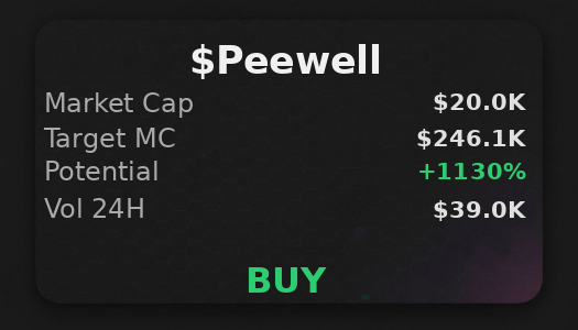 Magic31217172's tweet image. @iScanLive picked up $Peewell 🟢 $246.1K projection, they say buy  

 #Solana #Memecoin #Crypto #Degen #PumpFun #AlphaCalls #SolanaMemeCoin