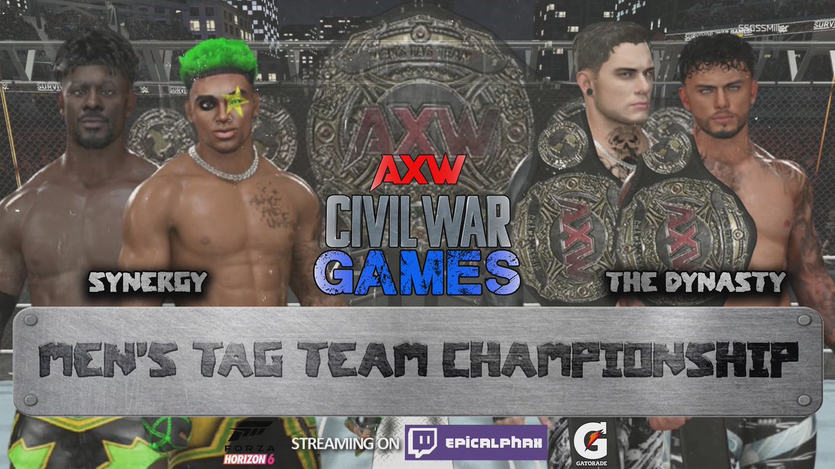 AXWrestle's tweet photo. With points and the Men's Tag Titles on the line, @TeamSynergyCAW will take on The Dynasty for the Tag Titles!

Will Dynasty retain against the Uprising tag team? Or will Synergy remain undefeated???

@AustinHunterAXW https://t.co/yTlFMUyFEf