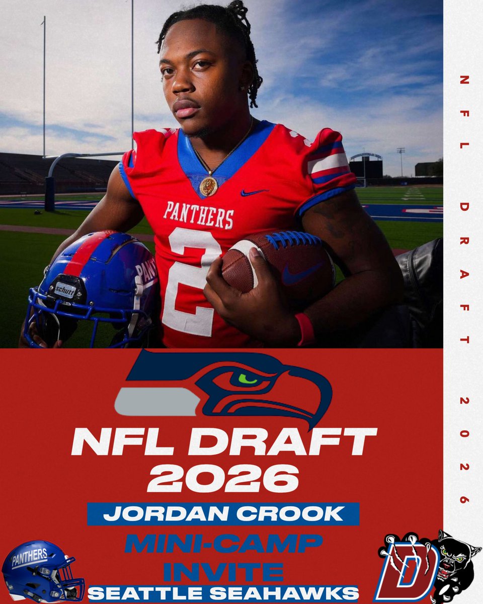 Duncanville_FB's tweet photo. 💙💚 Congrats to Jordan Crook!

Earned a Mini-Camp Invite with the Seattle Seahawks in the 2026 NFL Draft.

Keep working—Panther Nation is behind you! 🐾

#PantherPride #DuncanvilleFootball #Seahawks https://t.co/OTZtalsy3o