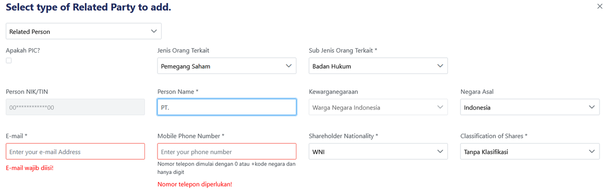 Cintyaya2's tweet photo. @kring_pajak Jika pemegang saham salah satunya adalah PT. Untuk pengisiannya apakah betul seperti ini? namun ketika npwp diinput jadinya 00000. Tolong solusinya min? https://t.co/4CrhFlnqgQ